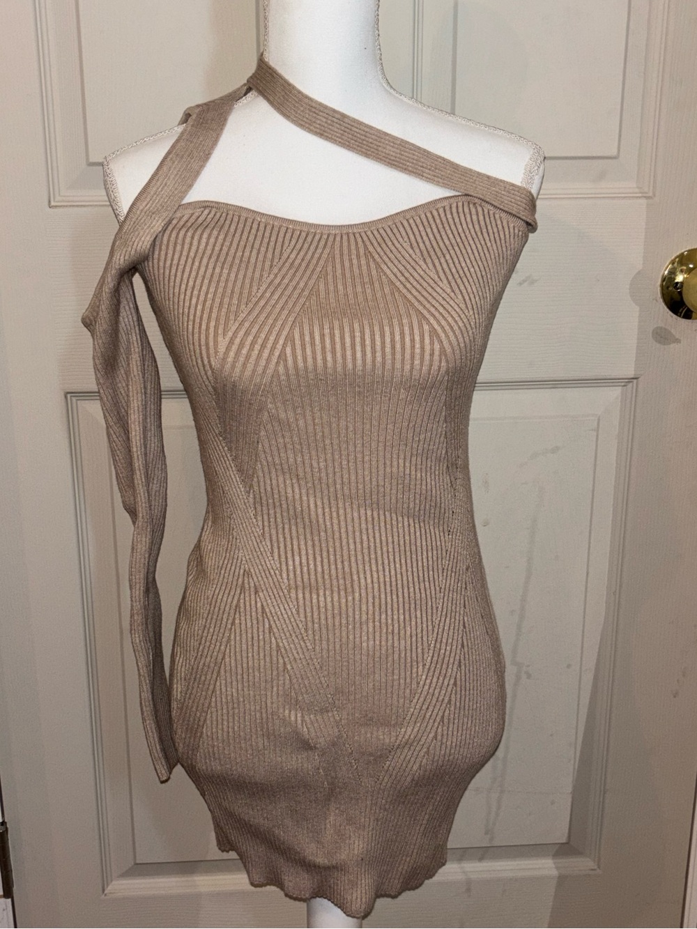 SHEIN Asymmetrical One-Shoulder Ribbed Knit Dress in Beige